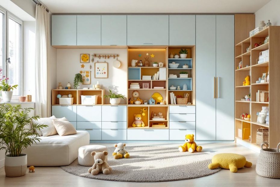 Chambre d’enfant lumineuse et évolutive avec rangements astucieux intégrés et un coin jeu chaleureux, éclairage doux et couleurs pastel.