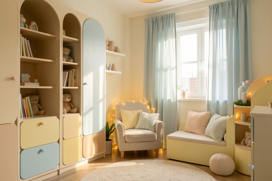 Chambre d’enfant lumineuse avec mobilier doux, rangements intégrés, coin lecture cosy et ambiance chaleureuse baignée de lumière naturelle.