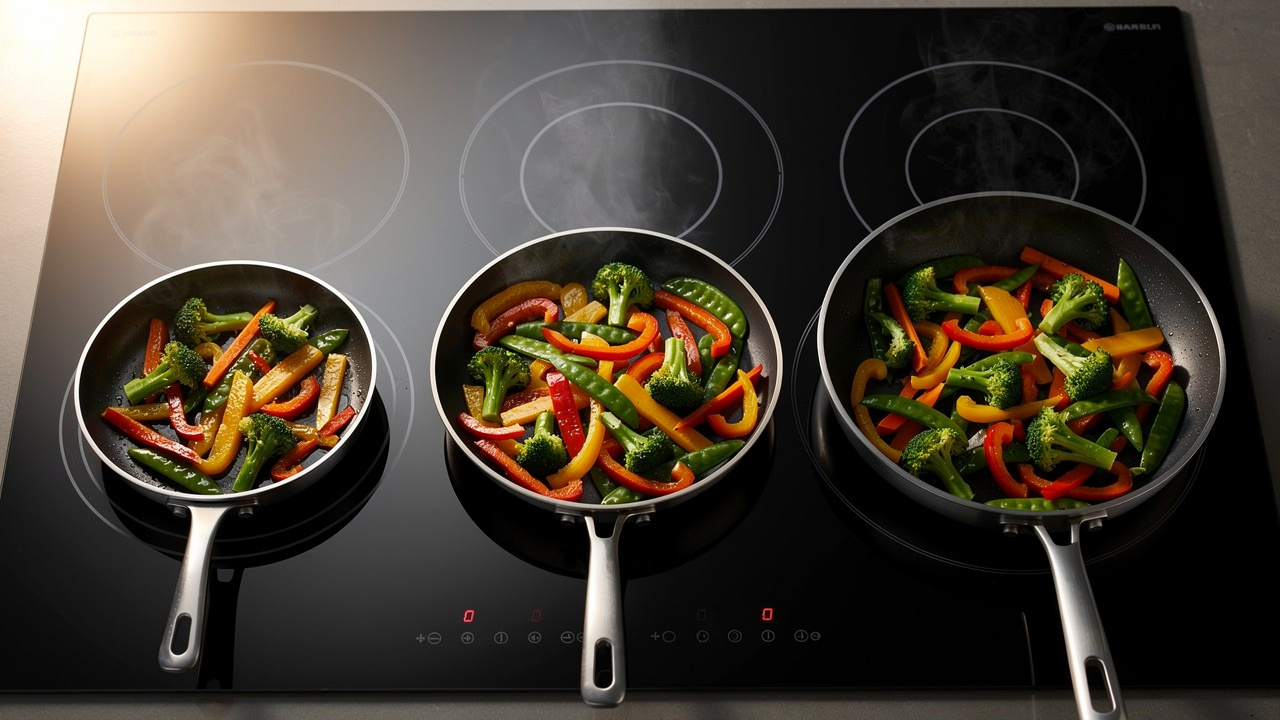 Comparaison visuelle de trois poêles de petits, moyens et grands diamètres posées sur une plaque à induction, contenant des légumes sautés colorés.