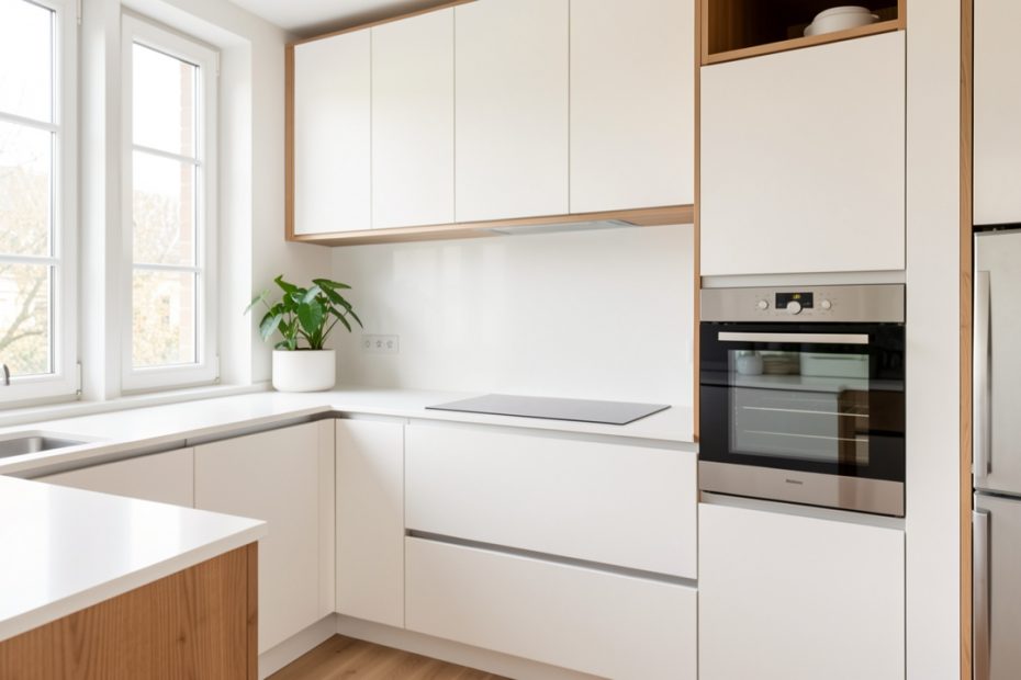 Cuisine moderne, lumineuse et parfaitement organisée, avec un plan de travail dégagé, des équipements de cuisson intégrés et des rangements élégants.