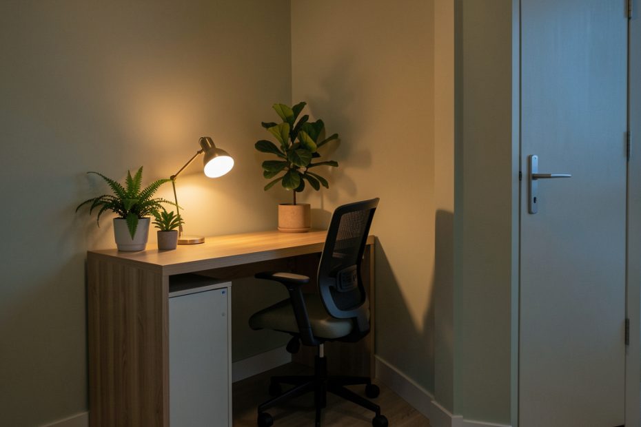 Petit bureau discret aménagé dans un coin du logement, avec un bureau en bois, une chaise ergonomique, une lampe chaude, des rangements fermés et quelques plantes.