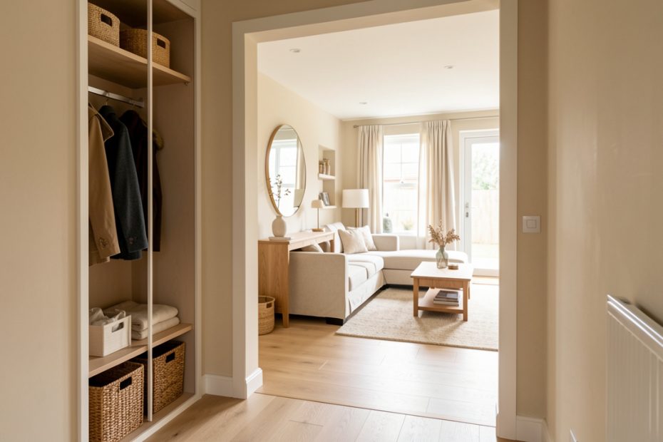 Entrée fonctionnelle et accueillante donnant directement sur un salon lumineux, avec rangements intégrés, console en bois et paniers tressés.
