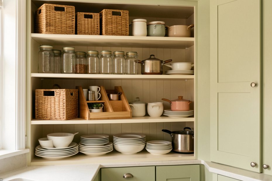 Placards de cuisine existants soigneusement organisés avec bocaux en verre, paniers, séparateurs en bois, assiettes et ustensiles rangés de façon pratique.