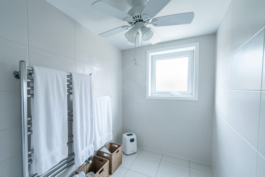 Salle de bains sans fenêtre avec des serviettes blanches aérées sur un sèche-serviettes, un déshumidificateur et une ventilation pour réduire l’humidité.