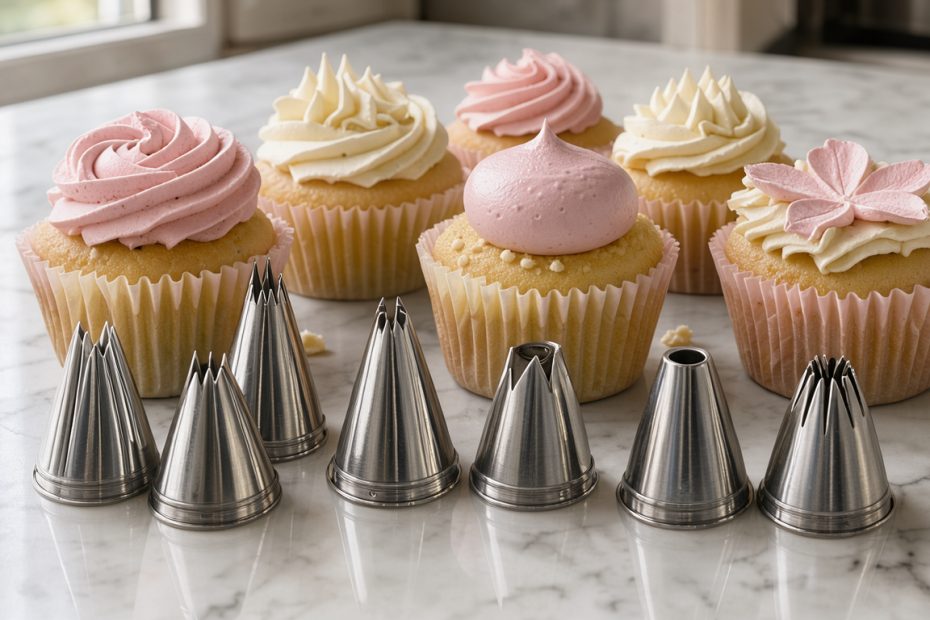Assortiment de douilles à pâtisserie en métal accompagné de cupcakes décorés avec différentes formes de crème colorée.