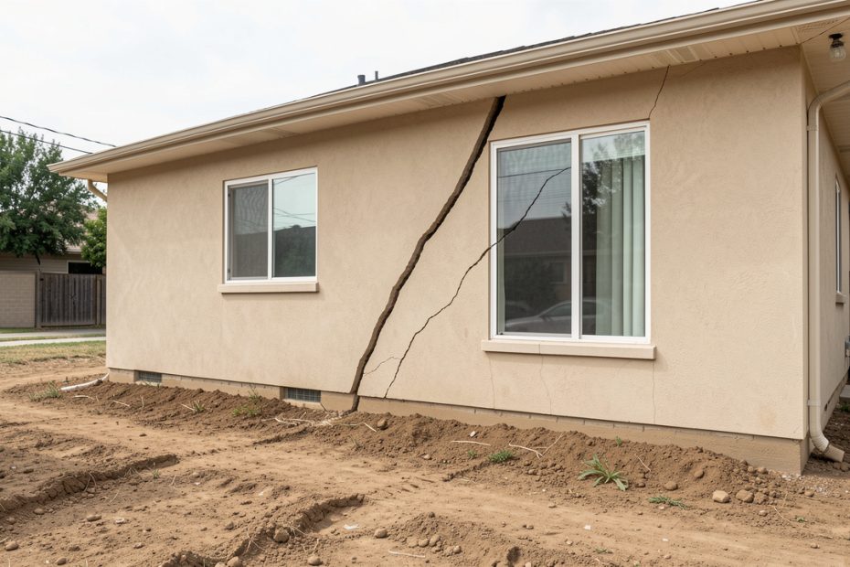 Façade d’une maison individuelle avec une fissure diagonale près d’une fenêtre, donnant sur un terrain sec et argileux.