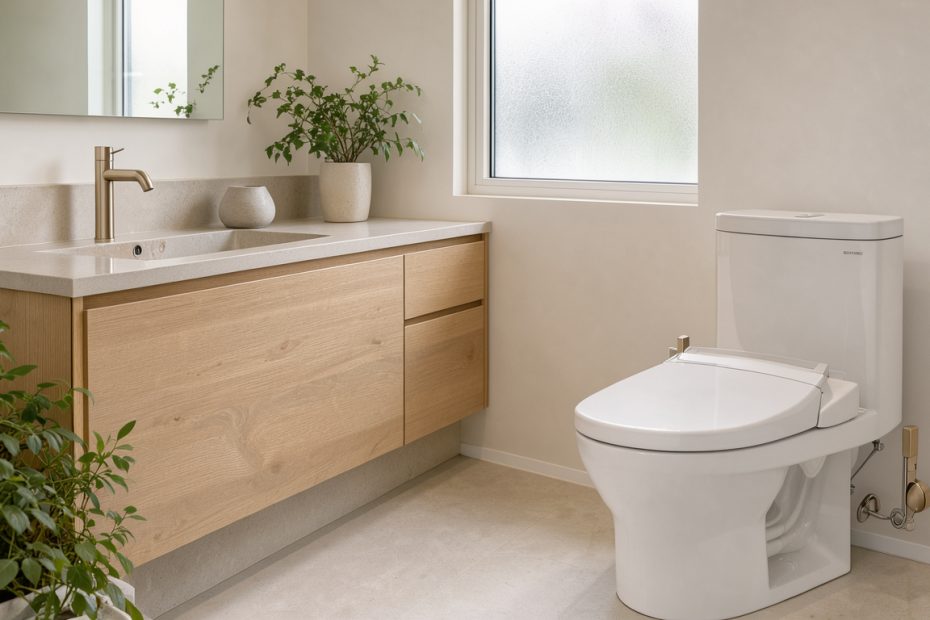 Salle de bains moderne et lumineuse avec un WC japonais connecté blanc, des éléments en bois clair et des plantes vertes.